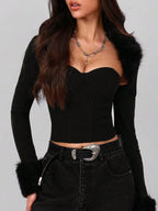2pcs Women's Faux Fur Collar Bandeau Top & Open Front Jacket Set, Sexy Night Out Outfit