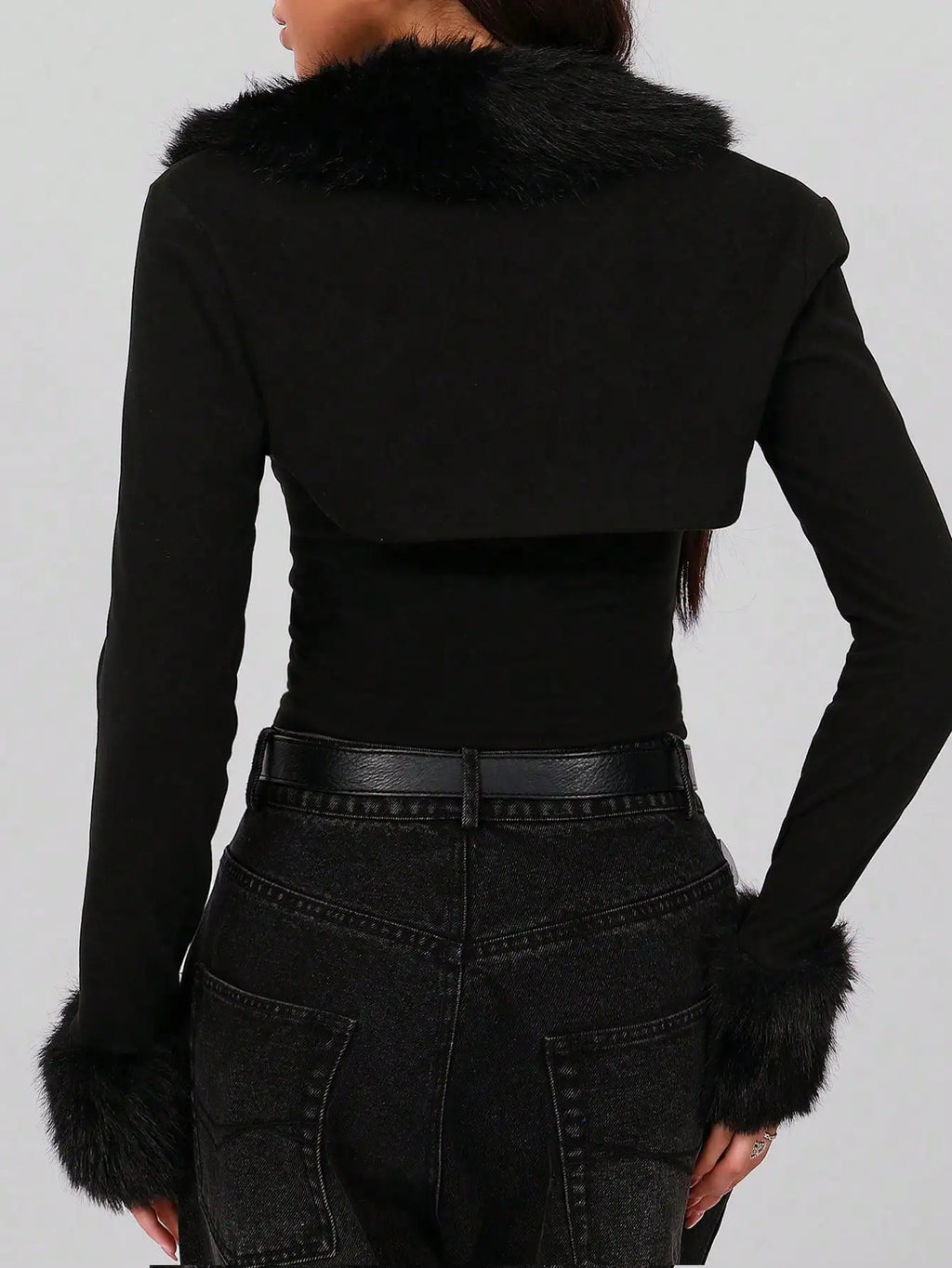 2pcs Women's Faux Fur Collar Bandeau Top & Open Front Jacket Set, Sexy Night Out Outfit