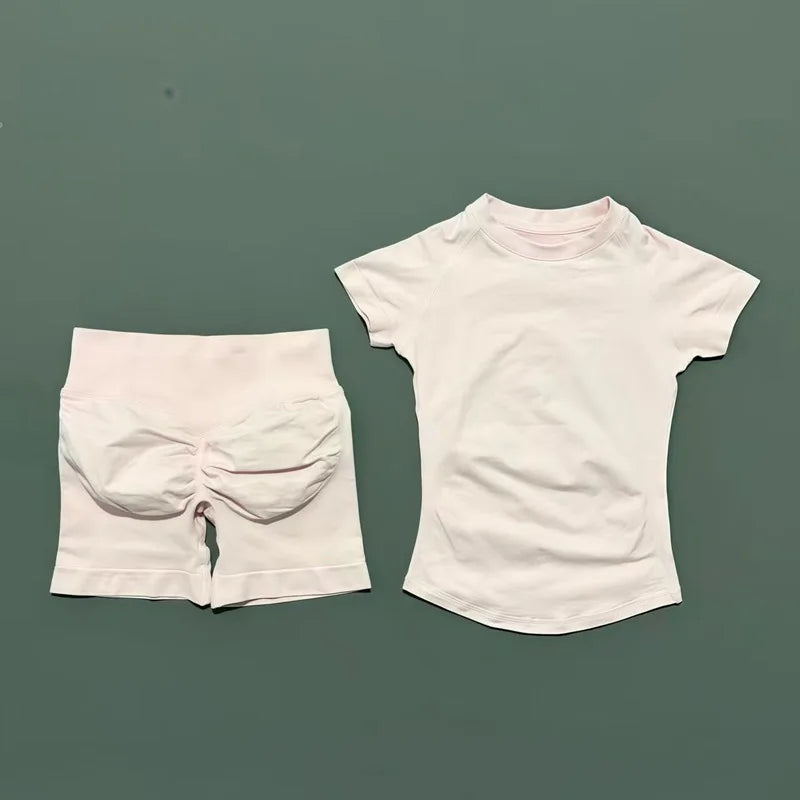 2 Pcs HISTELLO Impact Gym Sets Short Sleeve Seamless Yoga Clothing Fitness Set Women Workout Running Sports Short Leggings Suit